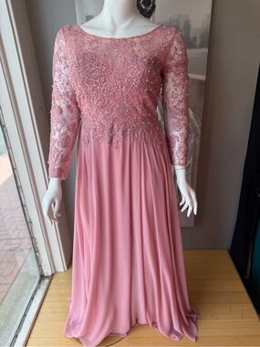 LARA Pink Long Sleeve Beaded Evening Gown